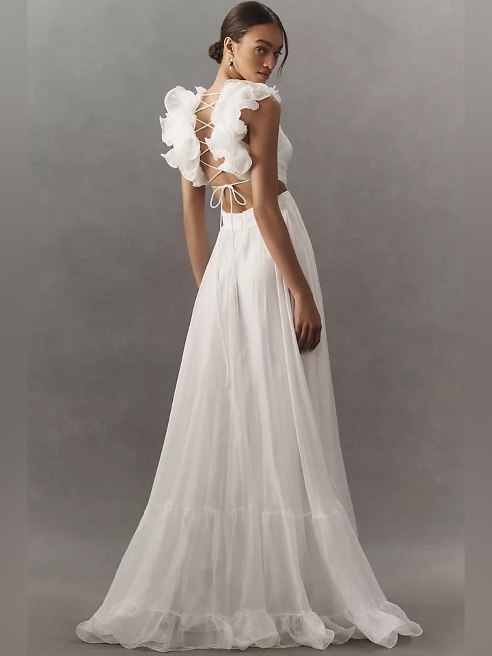 Mac Duggal White Ruffle Tiered Cut-Out Chiffon Gown 10
